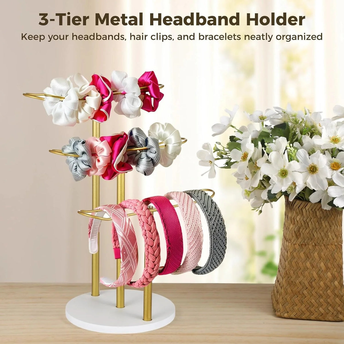 Headband Holder 3-Tier Gold Metal Stand for Bracelets and Clips – image 3