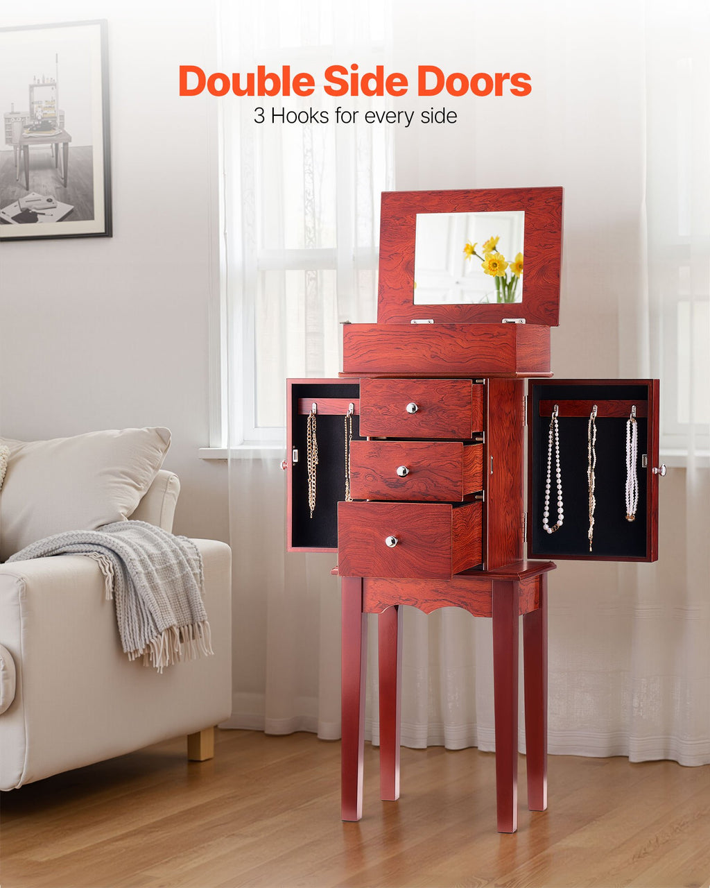 Standing Jewelry Armoire Chest with Flip-Top Mirror and 3 Drawers – image 3