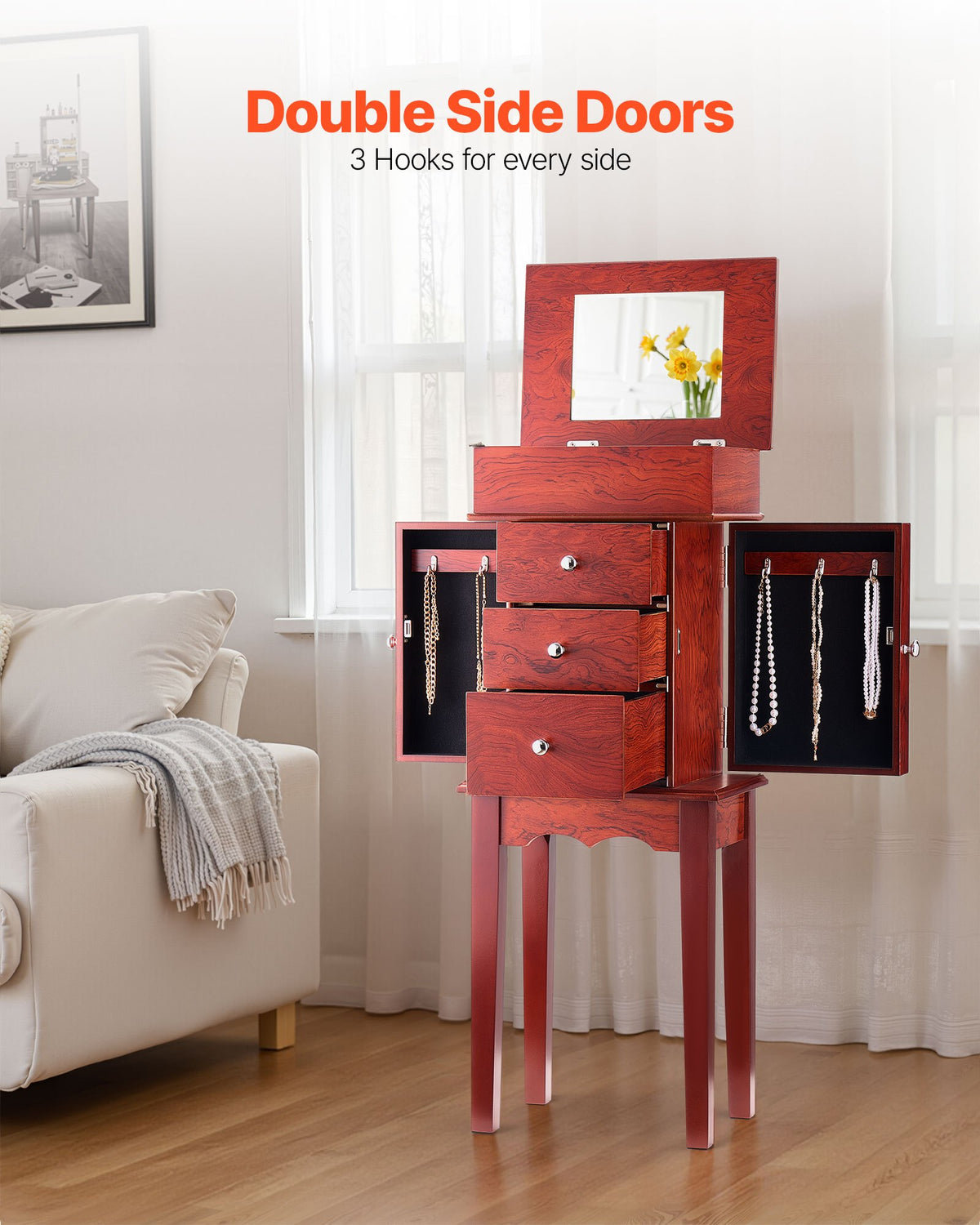 Standing Jewelry Armoire Chest with Flip-Top Mirror and 3 Drawers – image 3