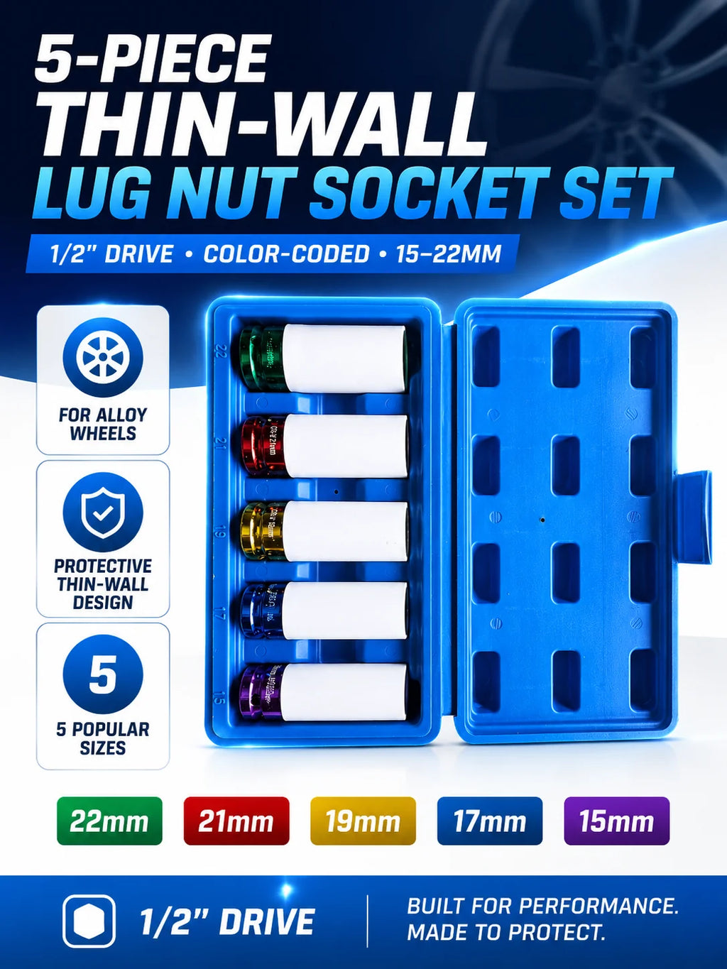 Lug Nut Socket Set 5 Pcs – Thin-Wall 1/2 in Drive, 15–22 mm