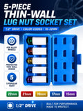 Lug Nut Socket Set 5 Pcs – Thin-Wall 1/2 in Drive, 15–22 mm