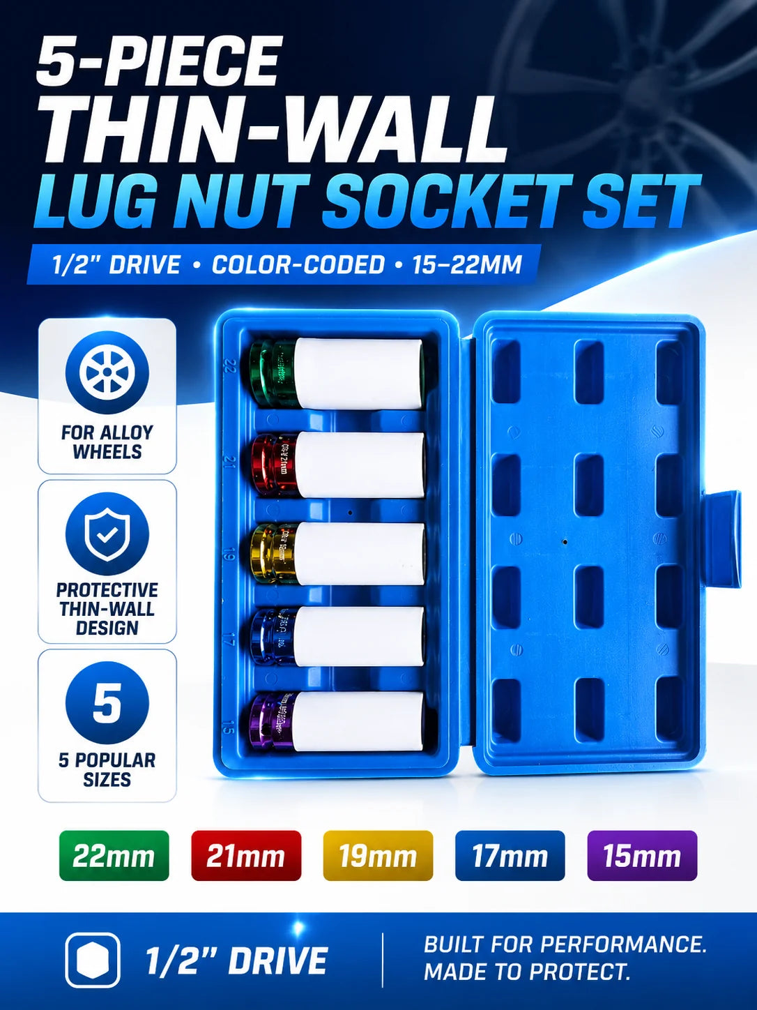 Lug Nut Socket Set 5 Pcs – Thin-Wall 1/2 in Drive, 15–22 mm