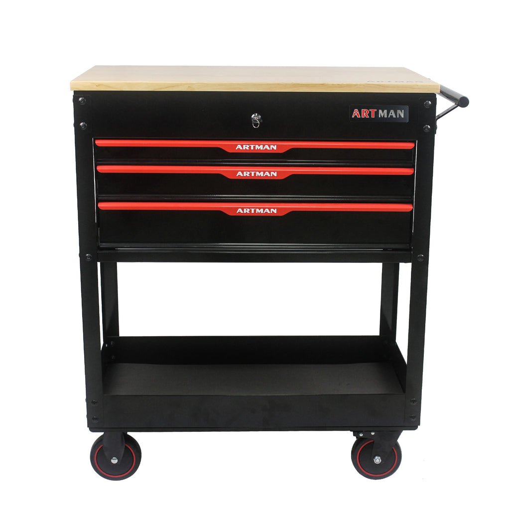3-Drawer Rolling Tool Cart with Wooden Top and Adjustable Shelf – image 16