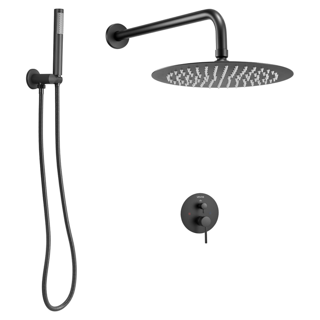 Rain Shower System, 10 in round Head, Handheld Spray & Brass Valve, Matte Black