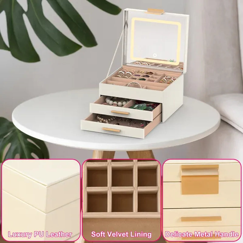 Jewelry Box with LED Mirror, 3-Layer Organizer with 2 Drawers – image 5