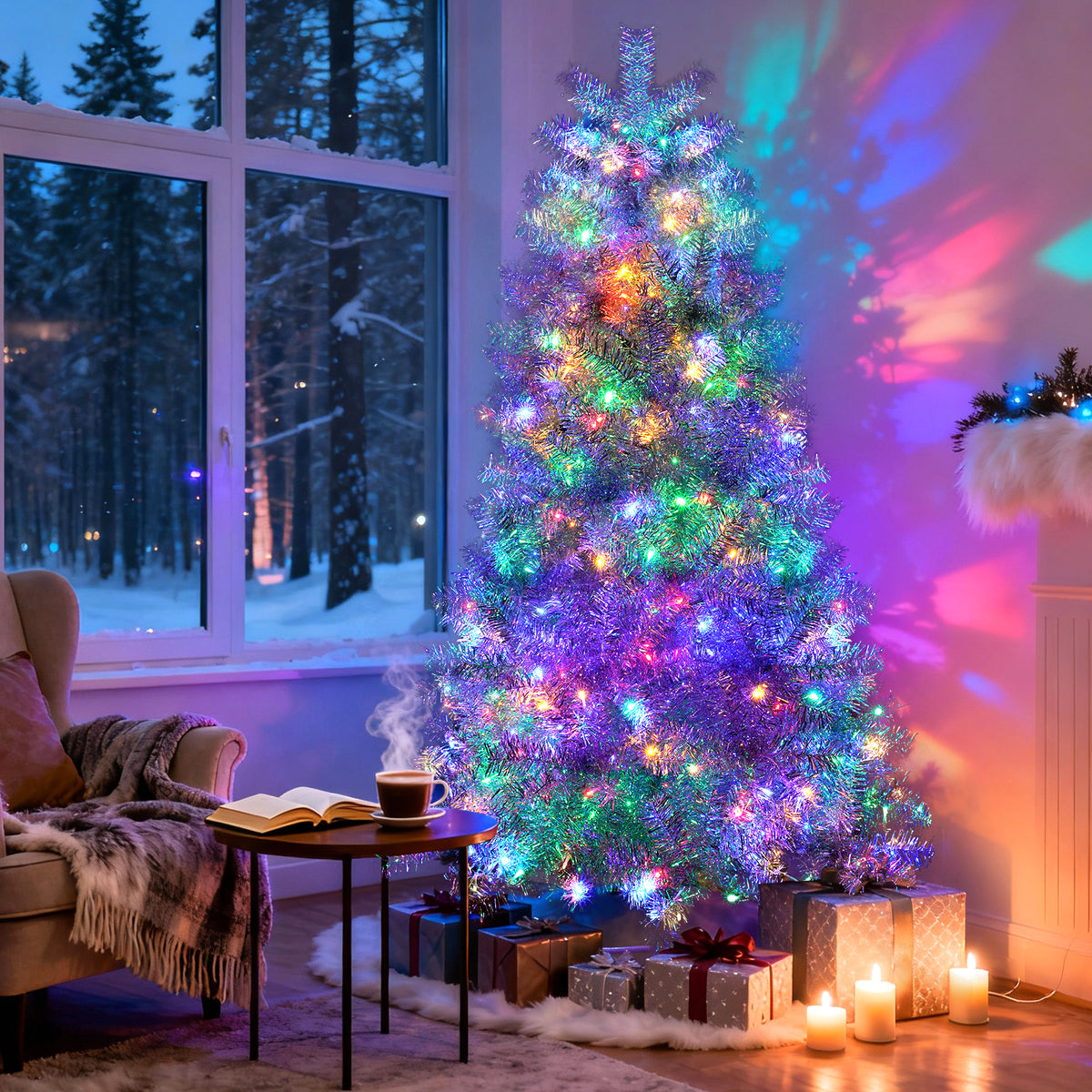 6 Ft Silver Pre-Lit Christmas Tree, 300 LEDs, 11 Lighting Modes – image 1