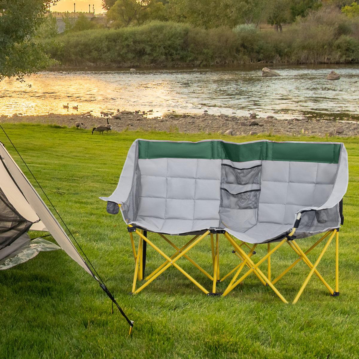 Loveseat Camping Chair, 2-Person Folding Chair with Cup Holders, Green – image 1