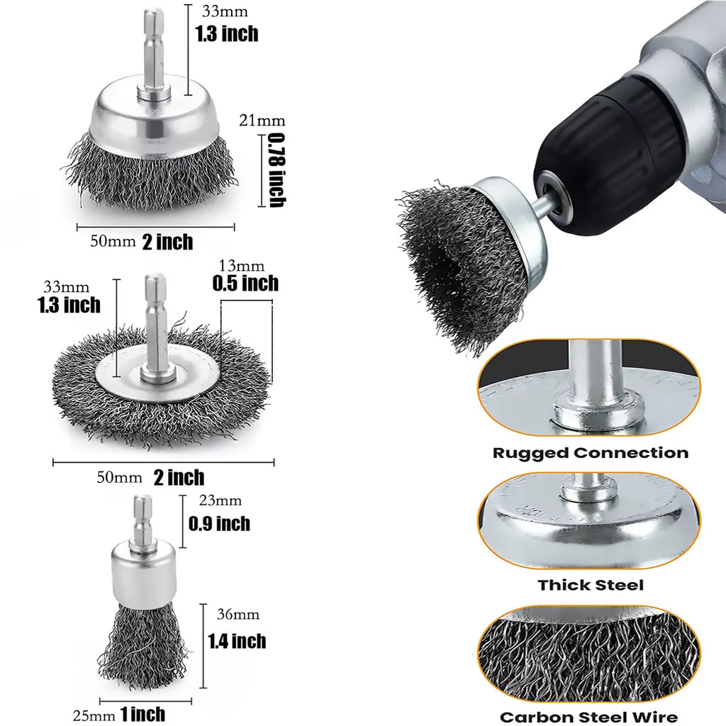 Wire Brush Wheel Set for Drill – 1/4 in Hex Shank, 3 or 10 Pcs