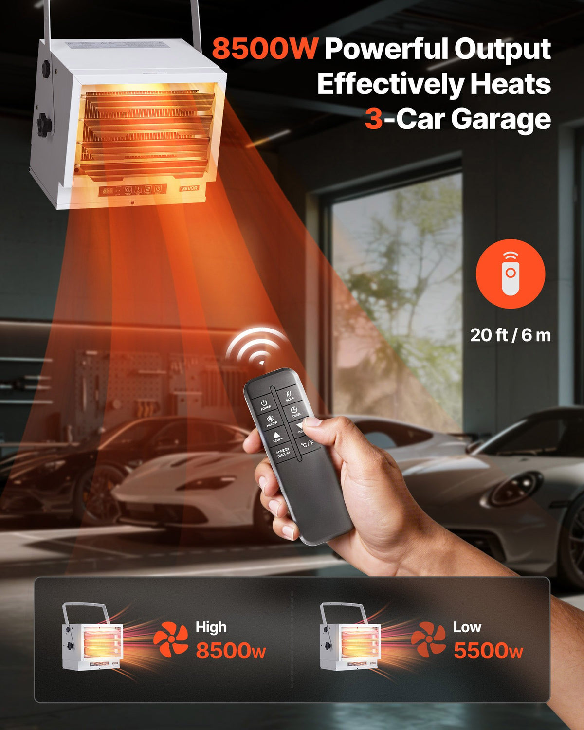8500W Electric Garage Heater 240V, Wall/Ceiling Mount with Remote & Timer – image 2
