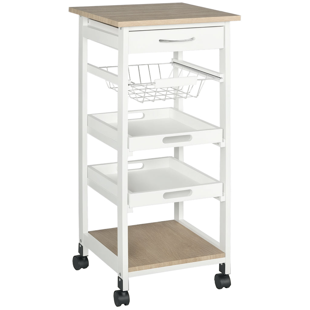 Rolling Kitchen Cart with Drawer, Wire Basket and Trays, White