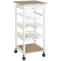 Rolling Kitchen Cart with Drawer, Wire Basket and Trays, White