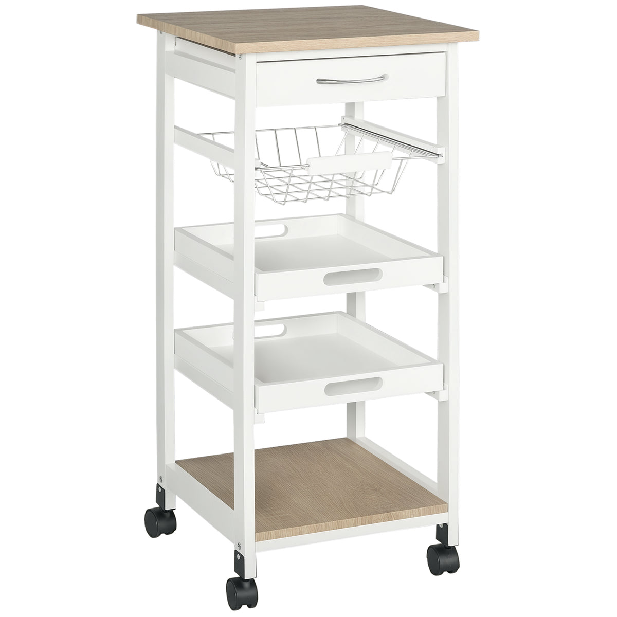 Rolling Kitchen Cart with Drawer, Wire Basket and Trays, White