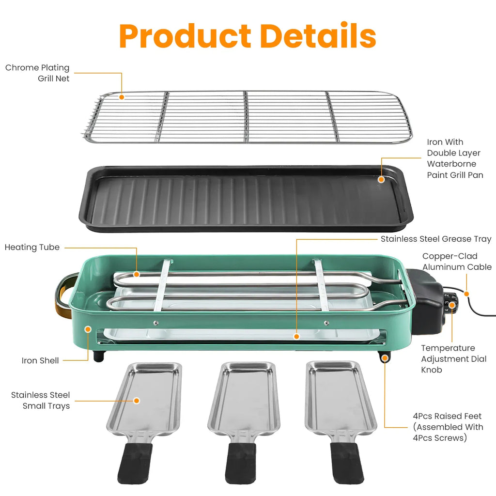 1500W 2-in-1 Electric Indoor Grill with 3 Raclette Trays – image 4
