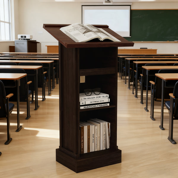 Wooden Lectern Podium 44 Inch with Sliding Shelf, Rustic Brown