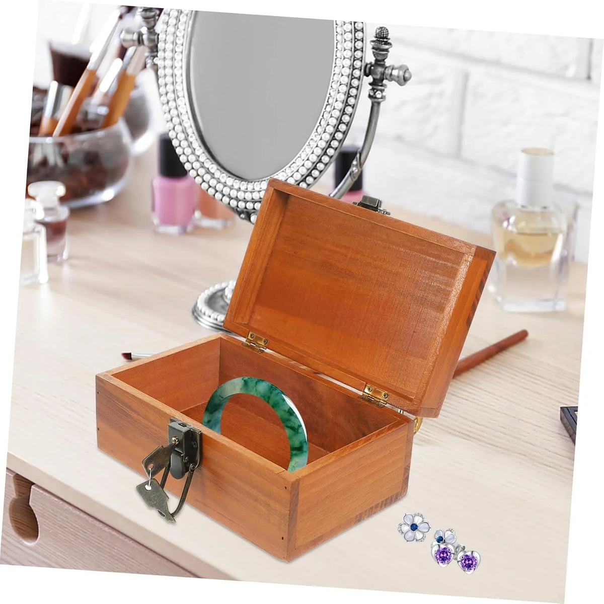Wooden Jewelry Box, Vintage Treasure Chest with Lock, 9.8 x 7.7 in – image 7