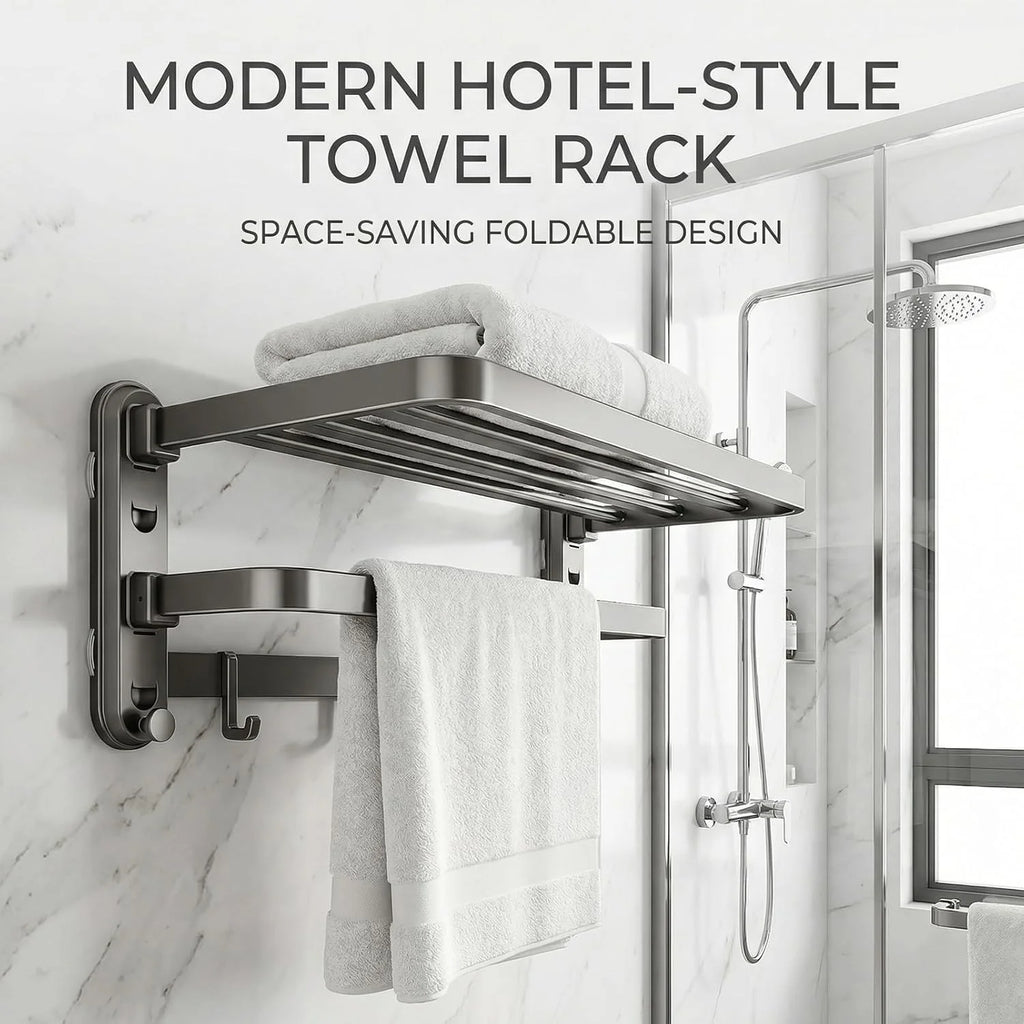 Towel Rack Suction Wall Shelf, Foldable Double Bar with Hooks – image 9