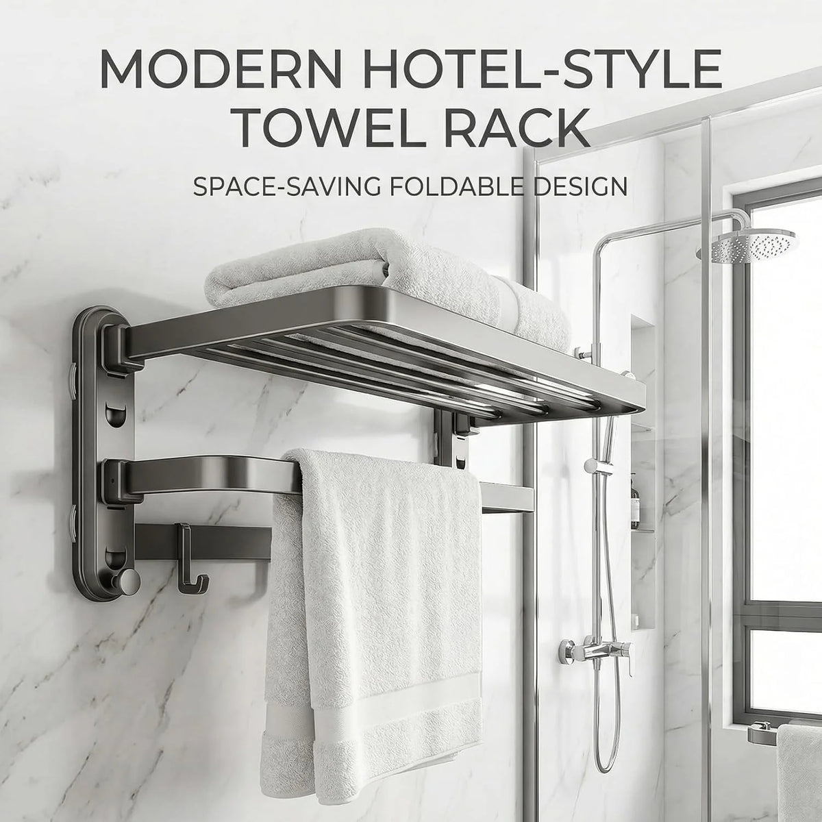 Towel Rack Suction Wall Shelf, Foldable Double Bar with Hooks – image 9