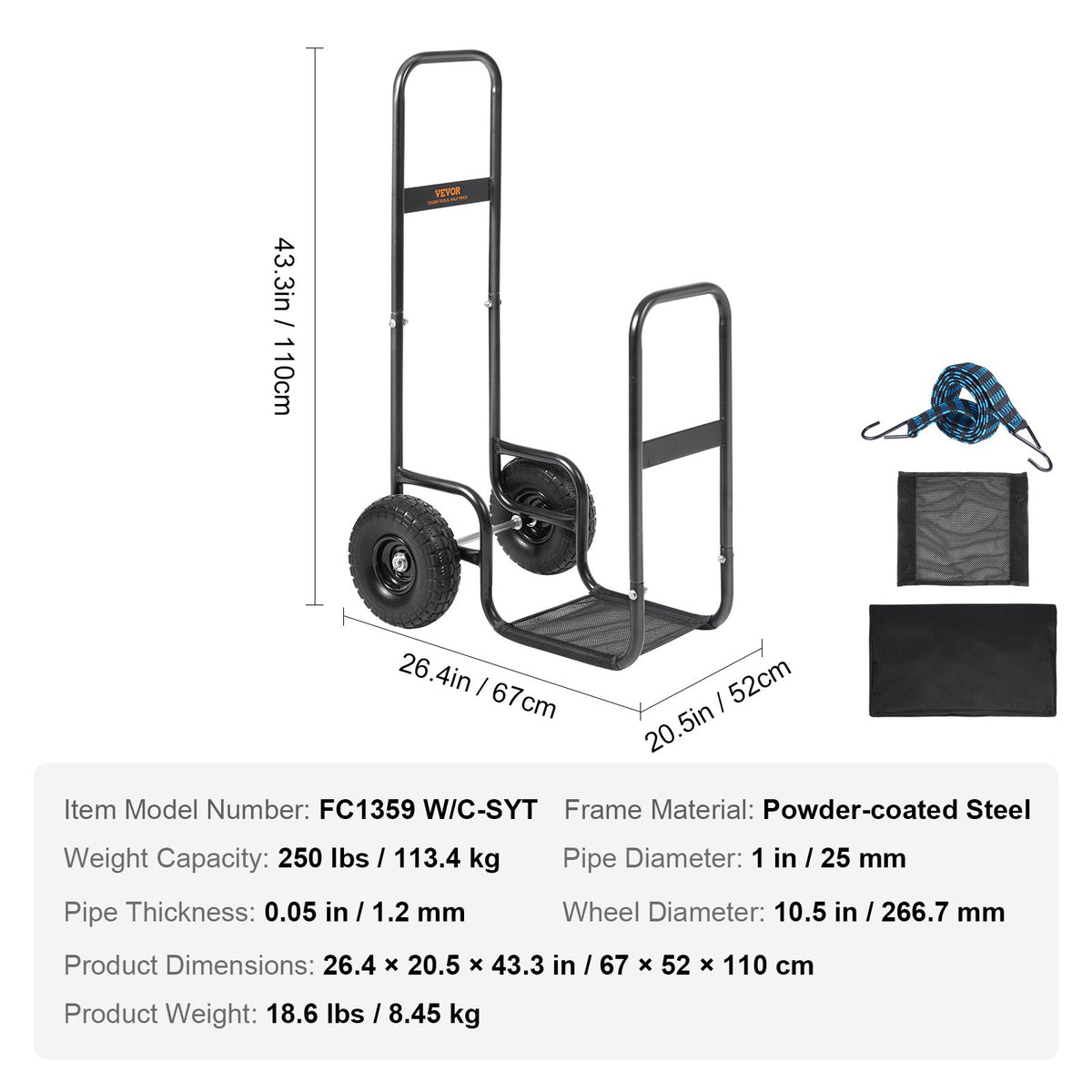 Firewood Log Cart, 250 Lbs Capacity, Outdoor and Indoor Wood Rack Storage Mover with PU Wheels Waterproof Cloth, Heavy Duty Steel Dolly Hauler, Firewood Carrier for Fireplace, Fire Pit, Black