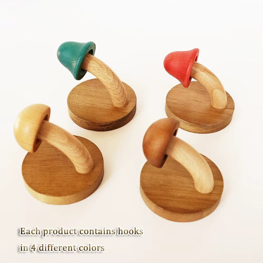 Wooden Mushroom Wall Hooks, Set of 4 – Colorful Coat & Towel Hooks – image 3