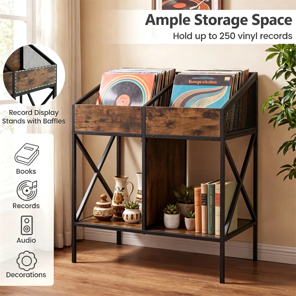 2-Tier Vinyl Record Storage Rack, Industrial Wood and Metal Stand – image 10