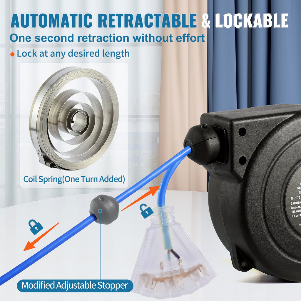 Retractable Extension Cord Reel 30 ft, 16AWG 3-Outlet, Blue – image 6