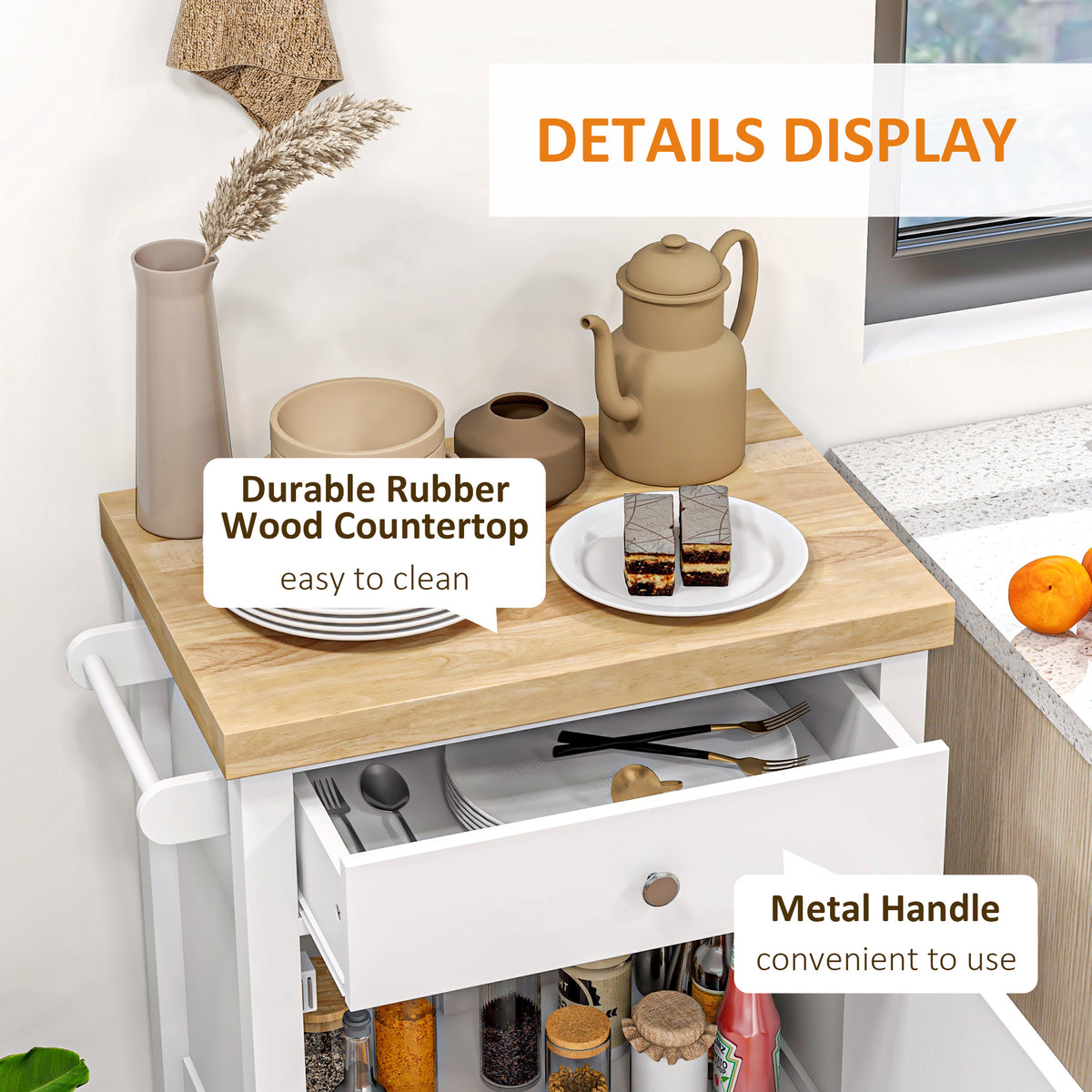 Kitchen Island Cart with Rubberwood Top, Wine Rack and Cabinet – image 6