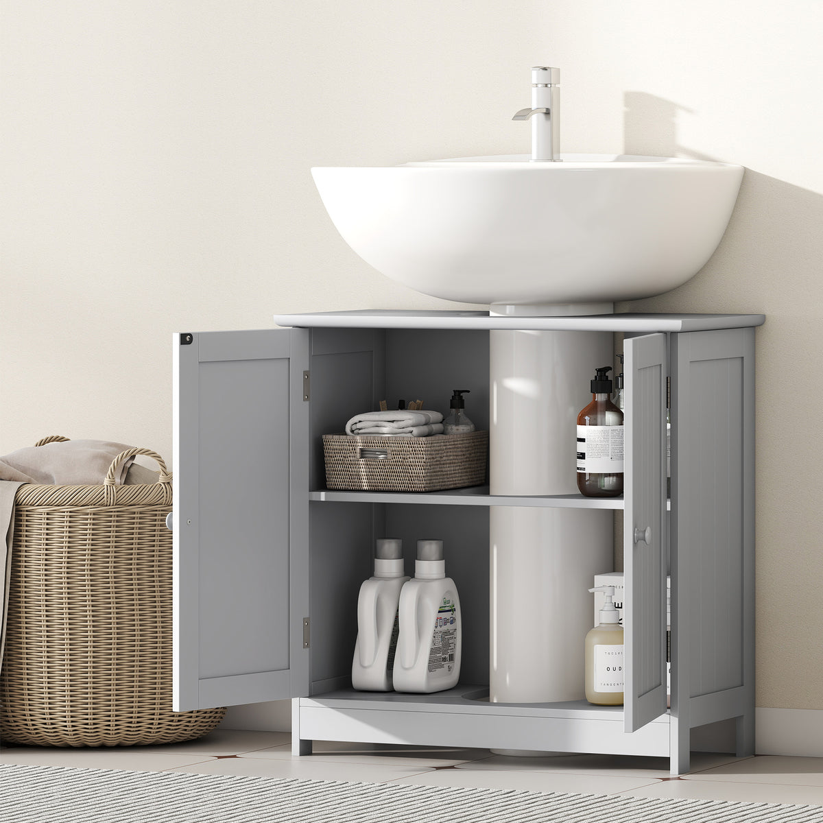 Under-Sink Bathroom Cabinet with 2 Doors and Shelf, Light Gray – image 7