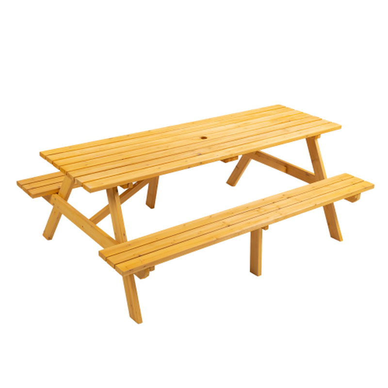 Wooden Picnic Table 75 in with 2 Built-In Benches, Umbrella Hole