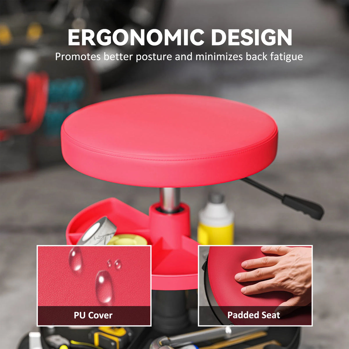 Rolling Garage Shop Stool 300 Lb with Tool Trays Adjustable Height