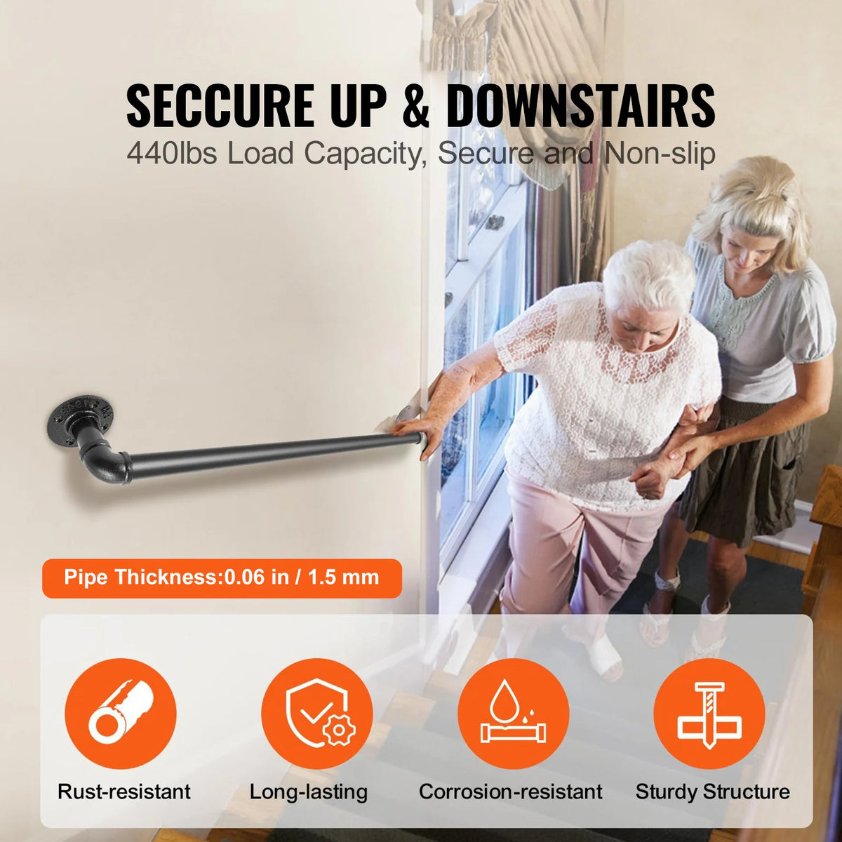 Pipe Stair Handrail 3 ft – Steel Wall-Mount Rail, 440 lb – image 2