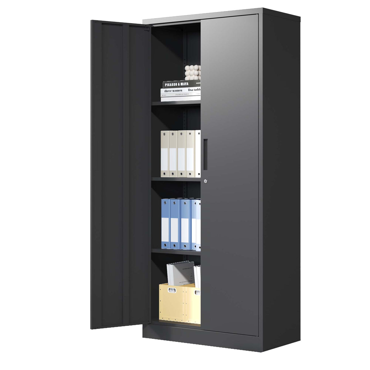 Metal Garage Cabinet 71 in Tall Locking Steel, 3 Shelves, Black – image 3