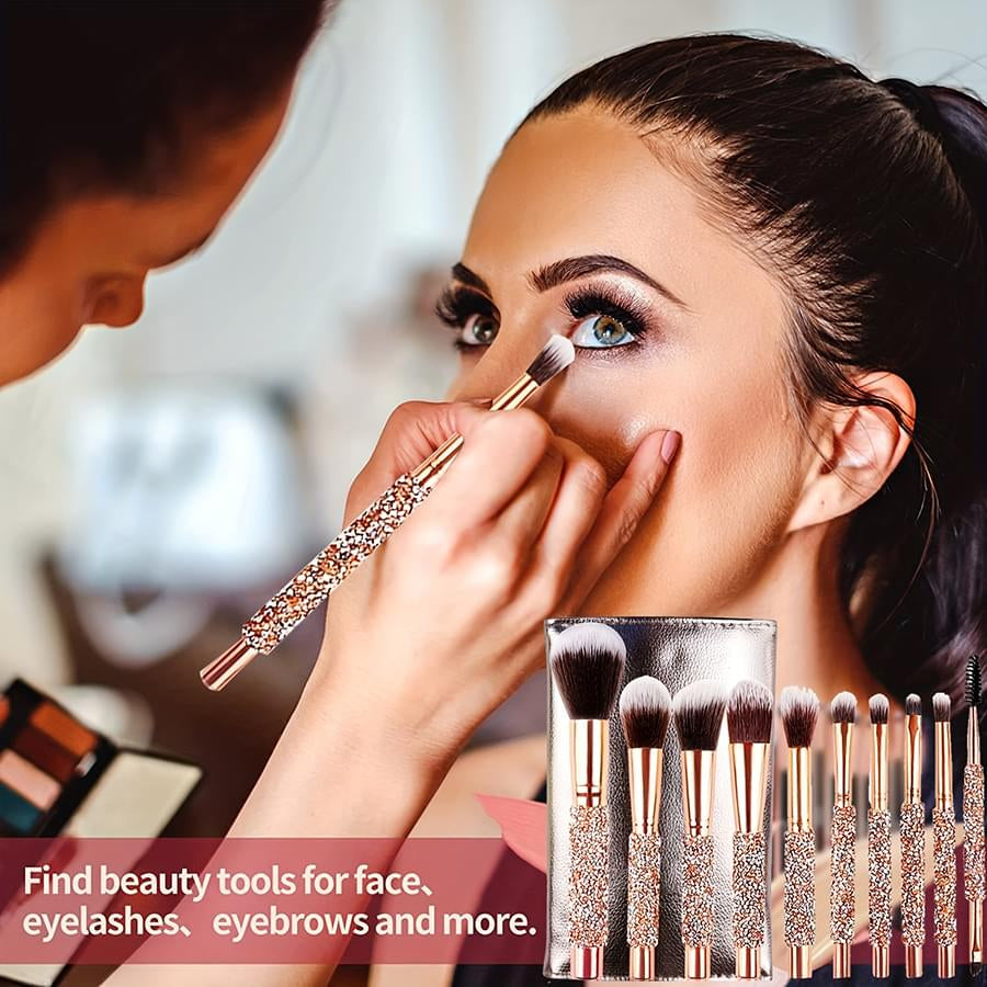 Makeup Brush Set 10 Piece, Crystal Handle Face & Eye Brushes – image 3
