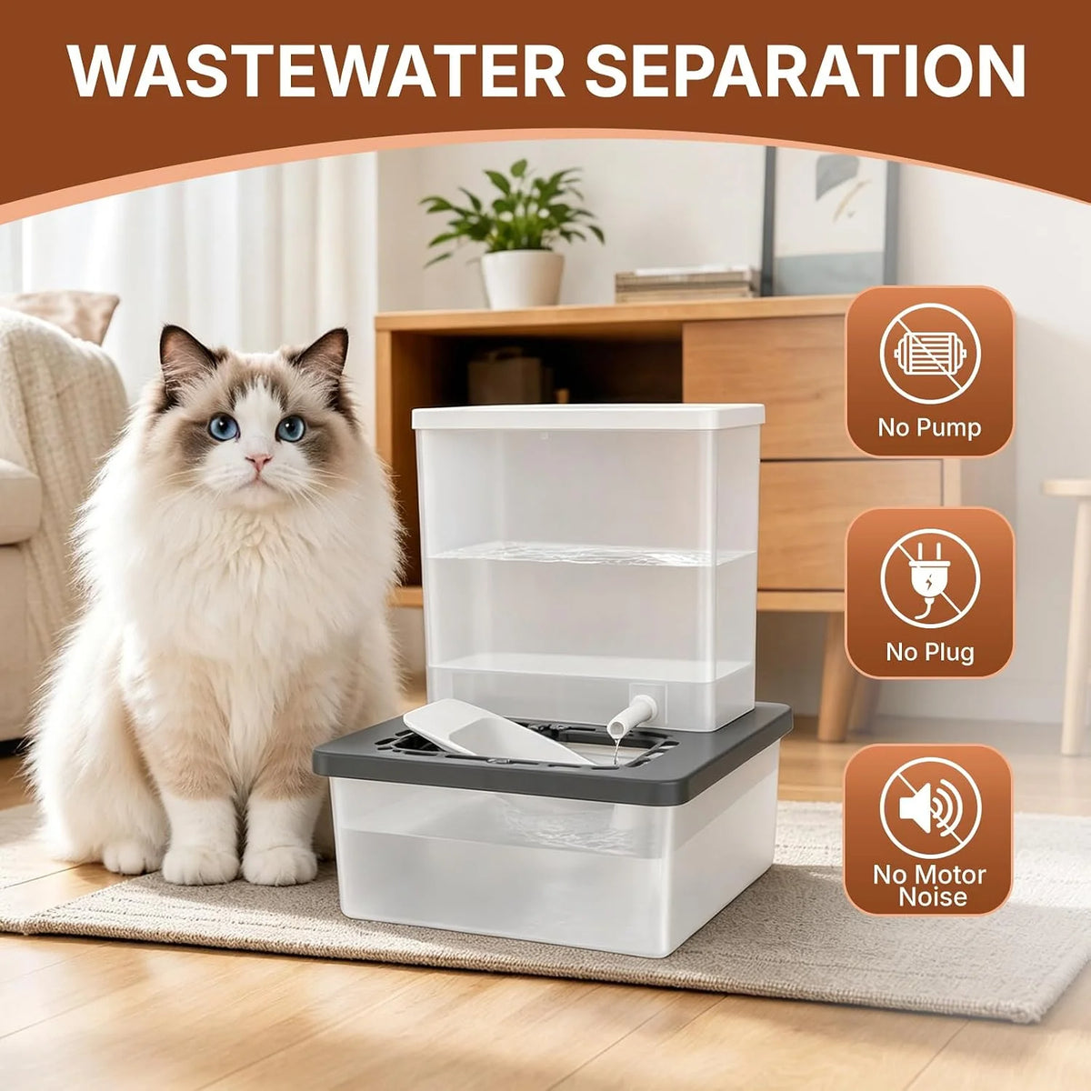 Pet Water Fountain, No-Pump Drinking Bowl with Clean Water Separation – image 3