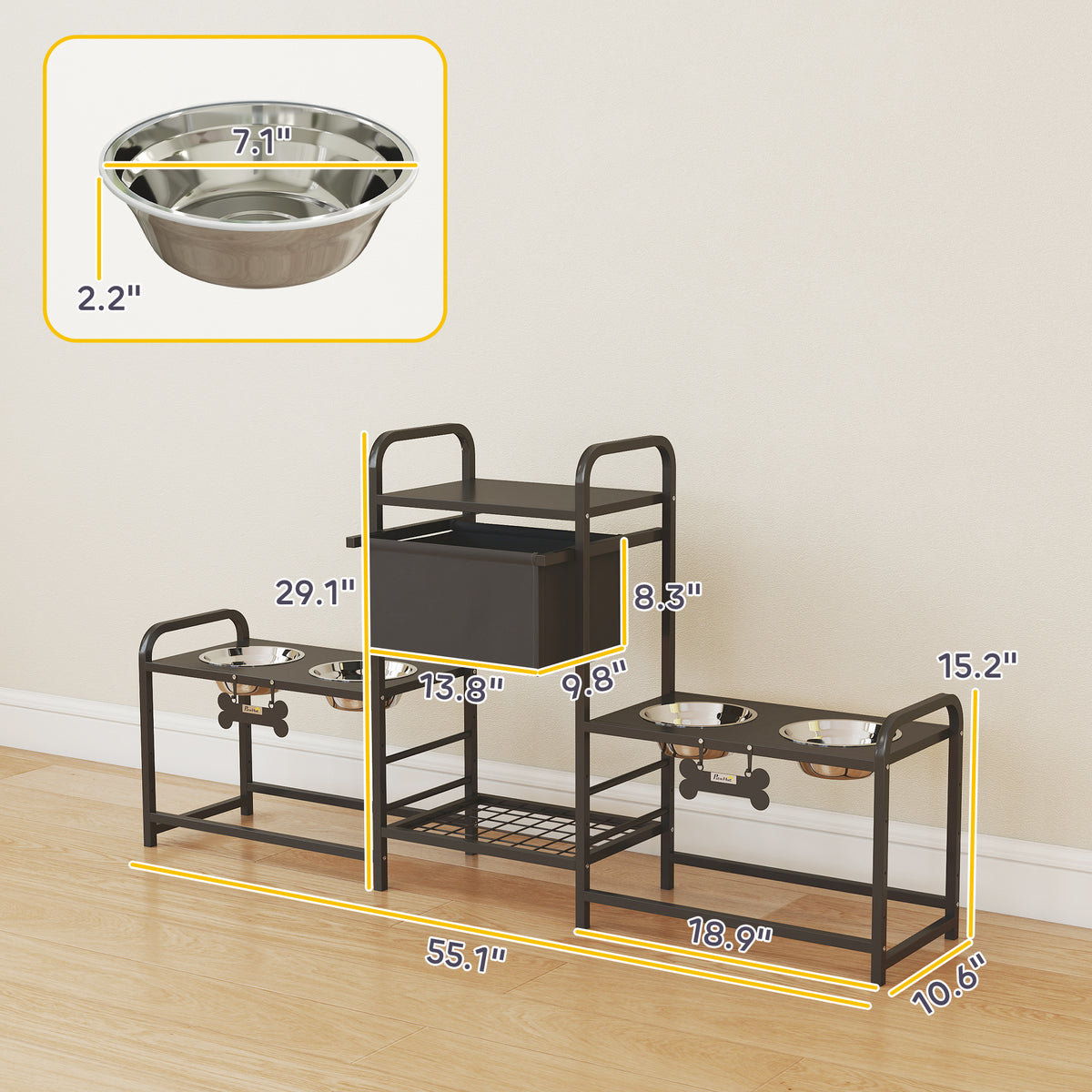 Multi-Dog Feeding Station with 4 Bowls, 3 Heights & Toy Bin – image 3