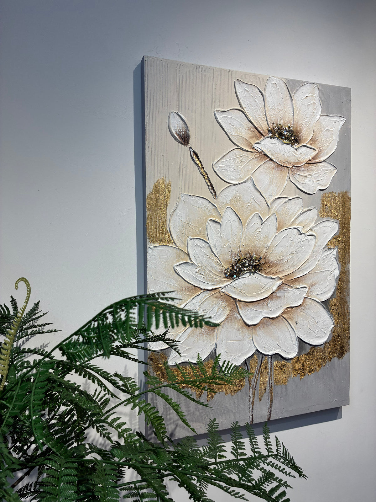 Textured Lotus Flower Canvas Wall Art 24 x 36 In, White and Gold – image 3