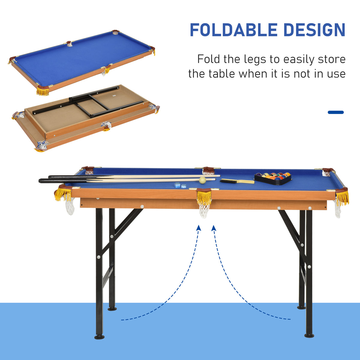 55 Inch Folding Billiards Table With Cues, Balls And Rack, Blue – image 5