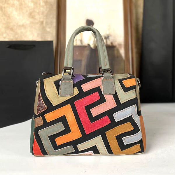 Genuine Leather Tote Crossbody Bag, Colorblock Cowhide Handbag for Women – image 1