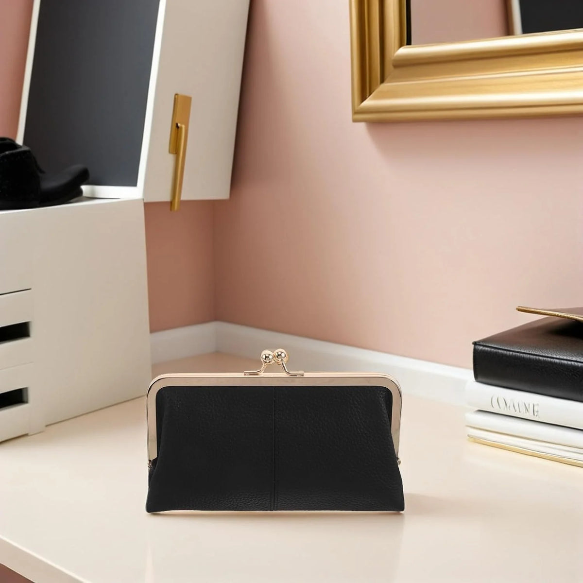 Kiss Lock Wallet for Women, Black Leather Clutch with Card Slots – image 9