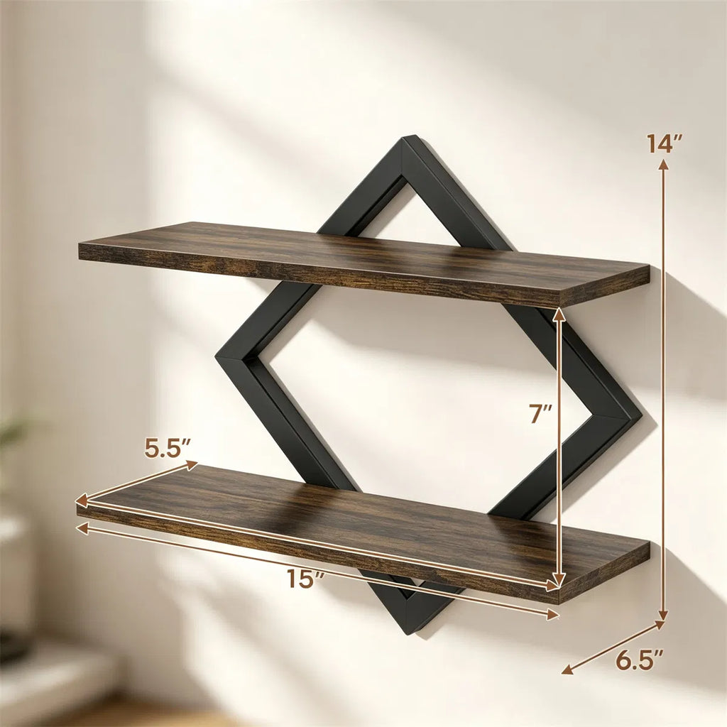 2-Tier Floating Wall Shelves Set of 2, Diamond Metal Frame, Rustic Brown – image 8