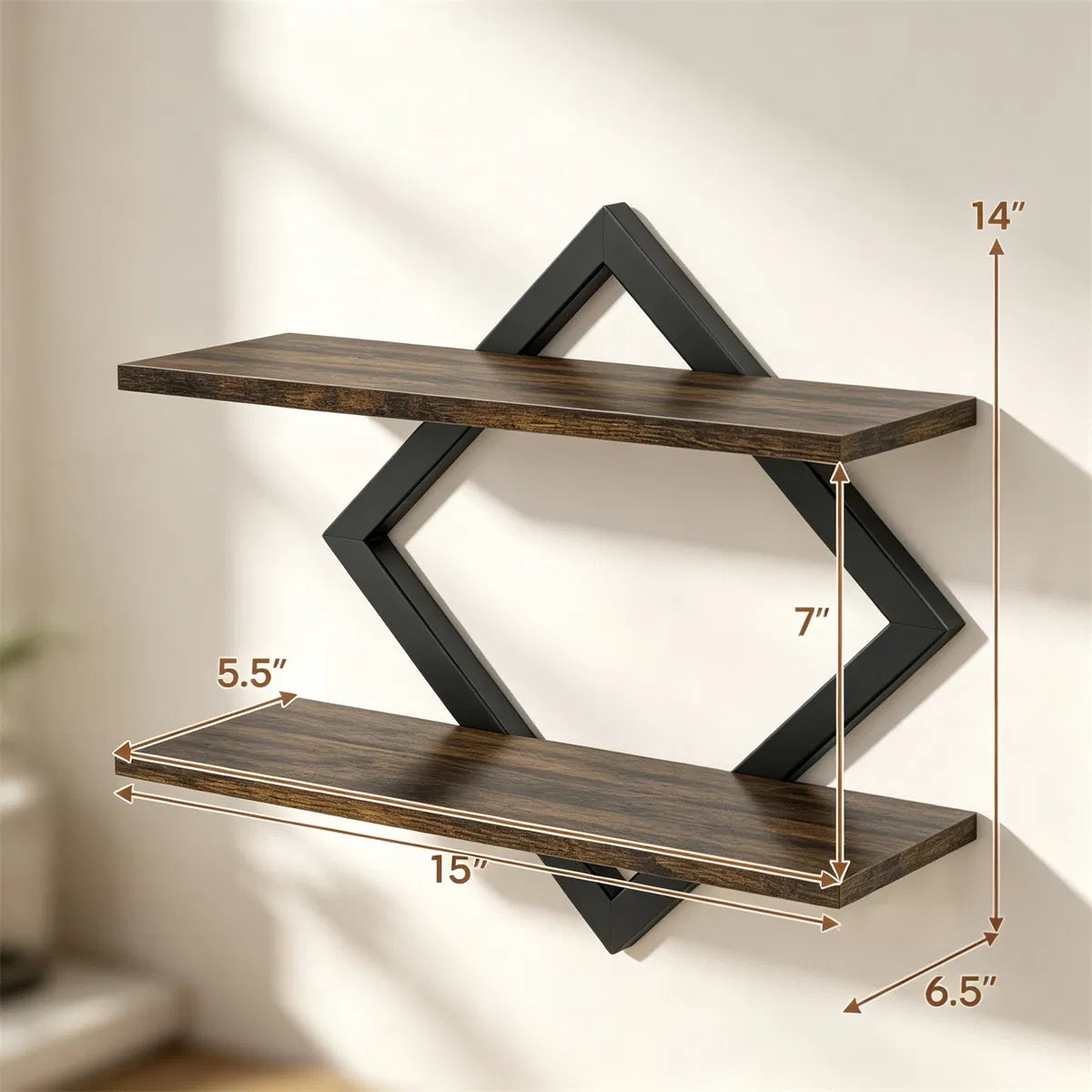 2-Tier Floating Wall Shelves Set of 2, Diamond Metal Frame, Rustic Brown – image 8