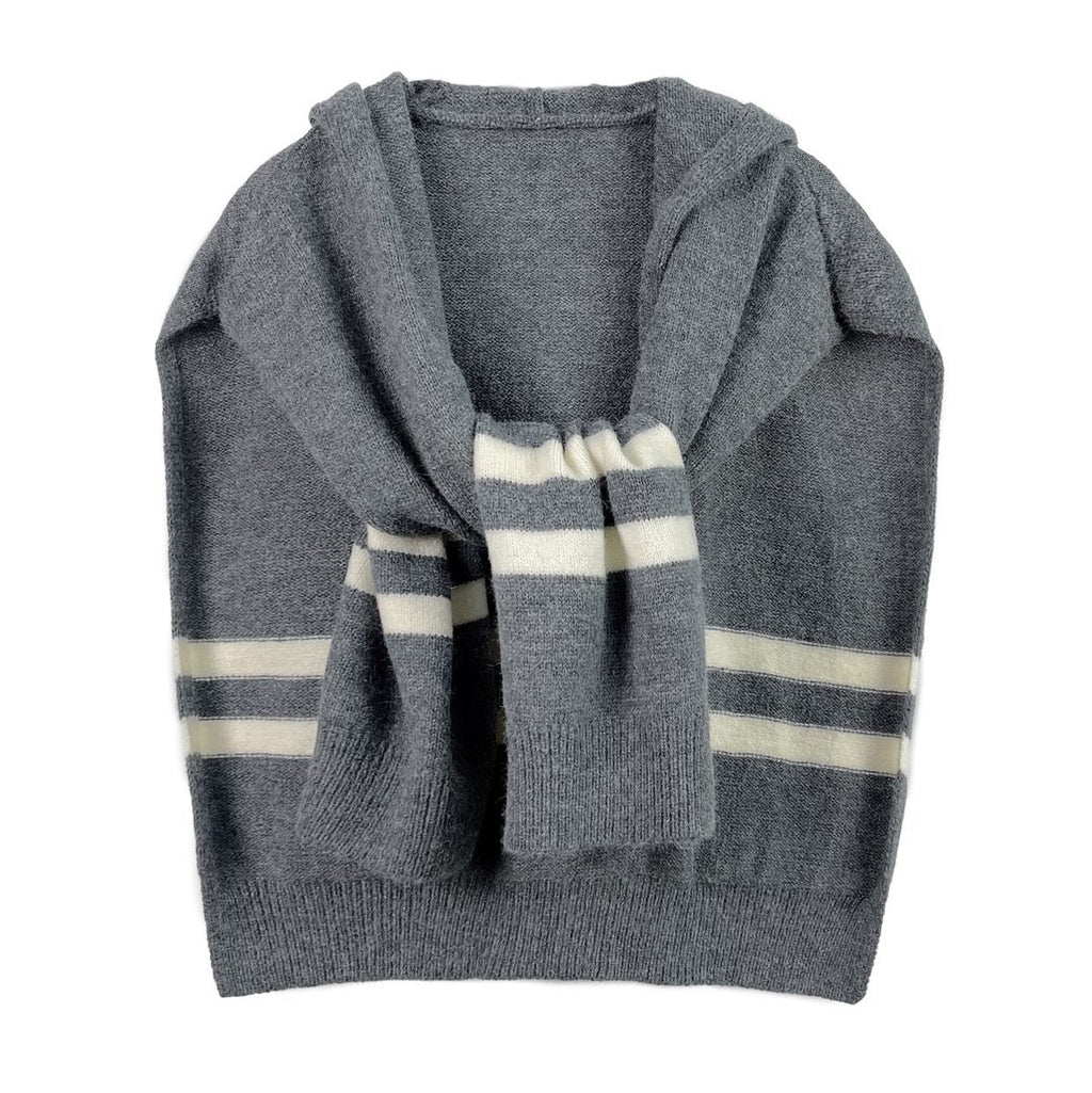 Hooded Sweater Scarf, Striped Knit Hoodie Wrap, Gray – image 10