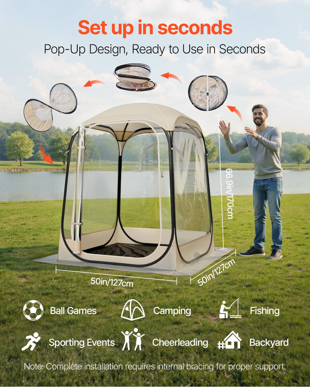 Pop up Sports Tent, 50X50 in Clear Bubble Tent for 1 Person, Waterproof Outdoor Pod with Floor Mat & Top Cover, Garden Igloo Dome Tents Camping Shelter for Events Fishing Cheering