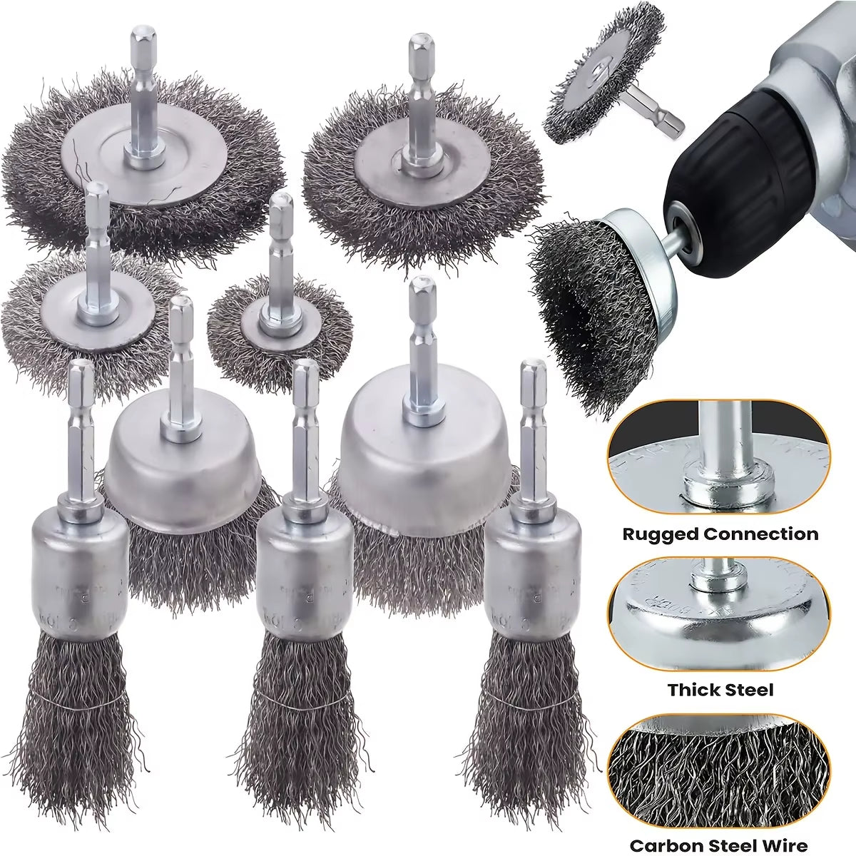 Wire Brush Wheel Set for Drill – 1/4 in Hex Shank, 3 or 10 Pcs – image 8