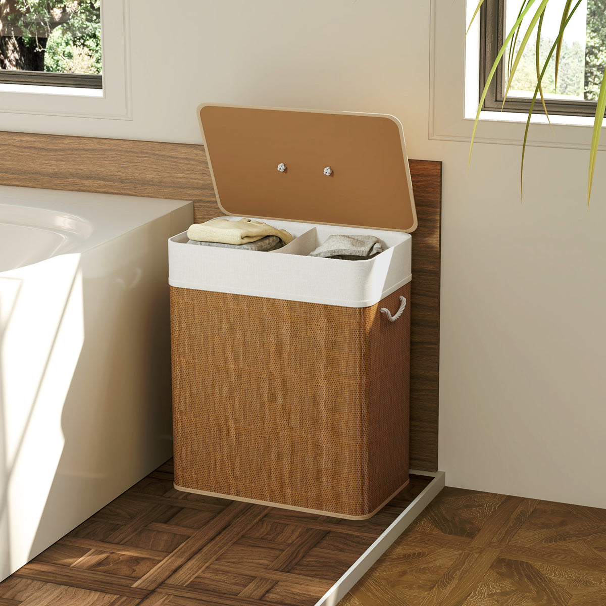 Bamboo Laundry Hamper with Lid, 26.4 Gal Double Basket – image 5