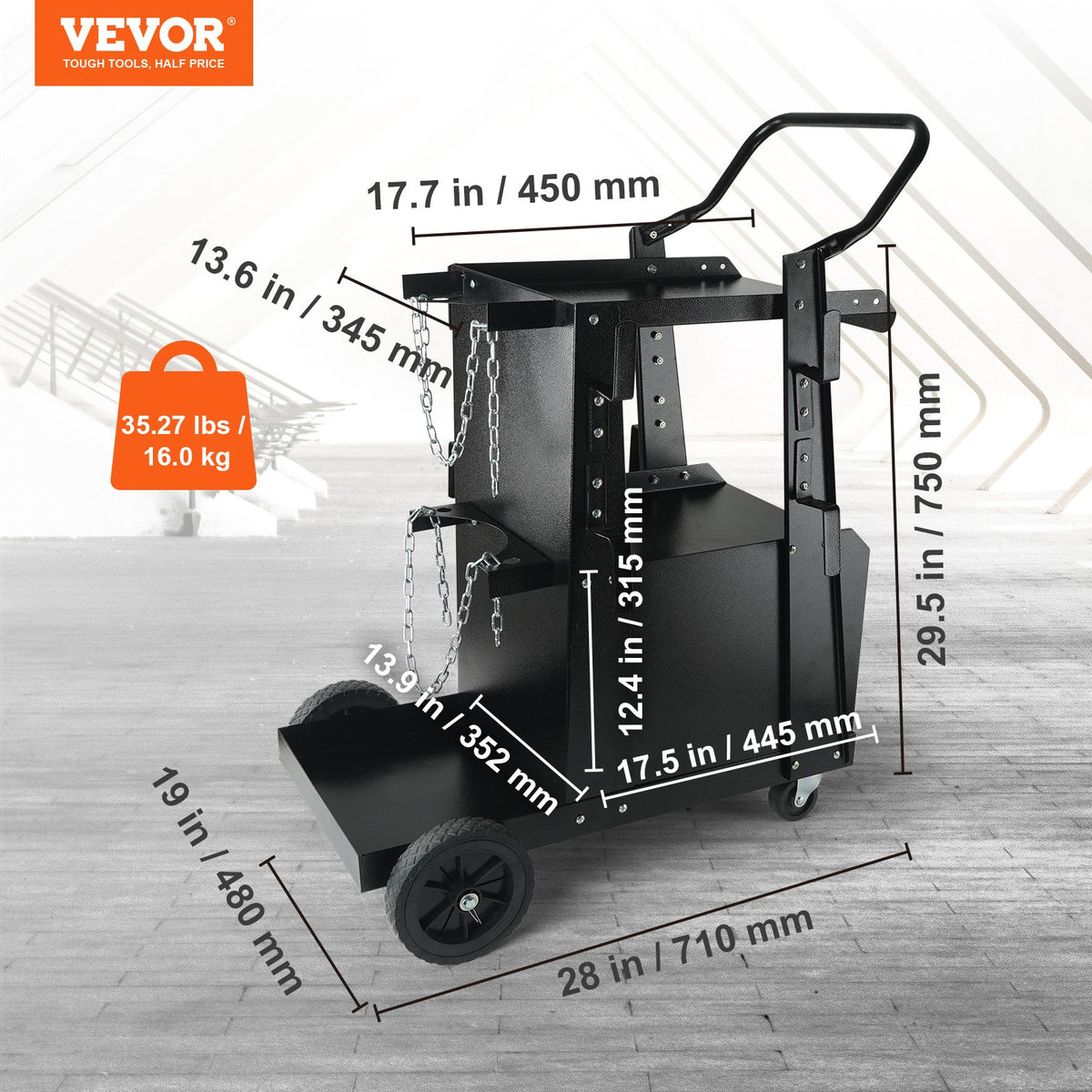 Welding Cart 2-Tier with Lockable Cabinet, 265 Lb, Swivel Wheels