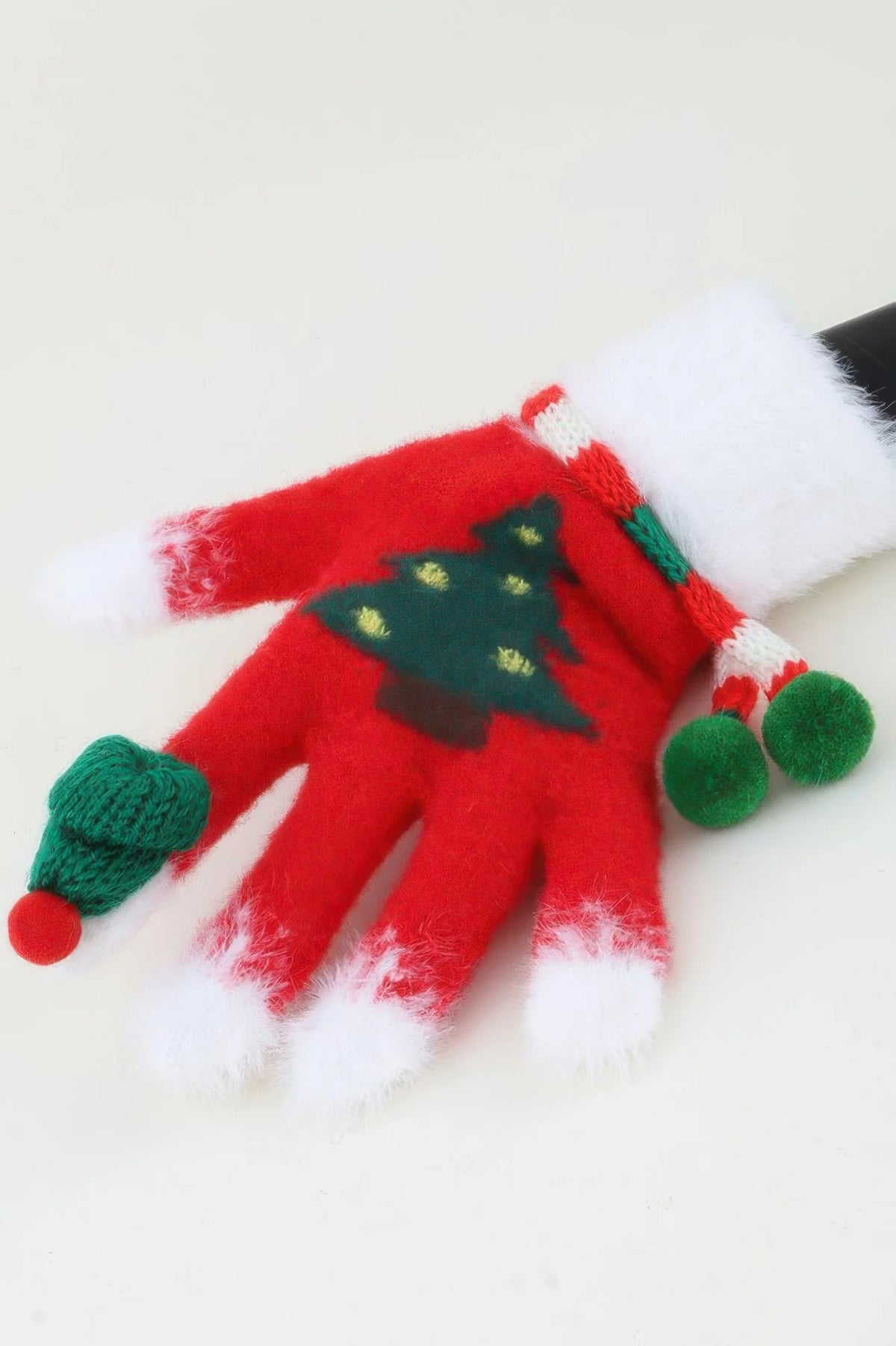 Christmas Tree Knit Gloves with Pom-Poms – Red – image 2