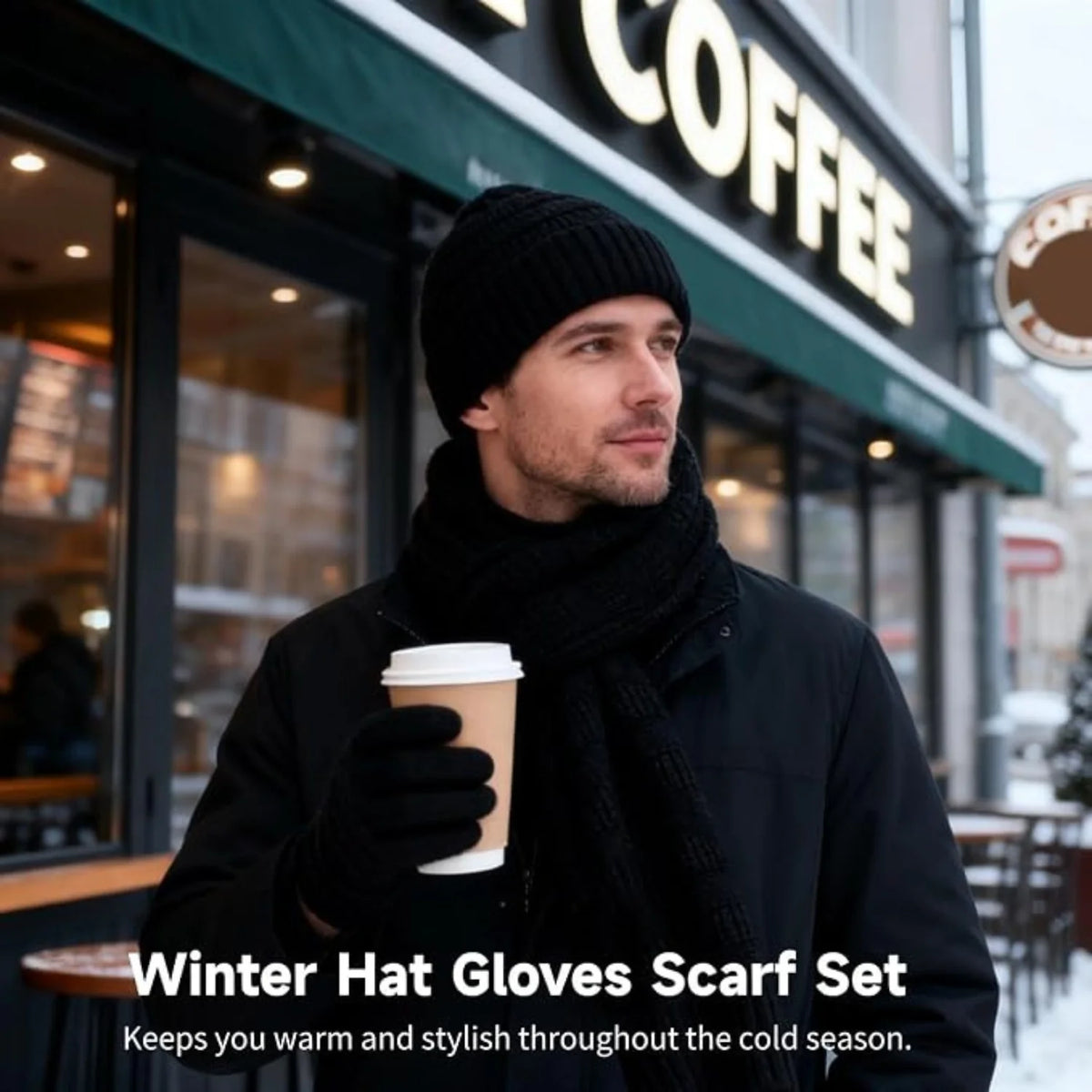 Winter Hat, Scarf & Gloves Set – Black Knit with Touchscreen Gloves – image 5