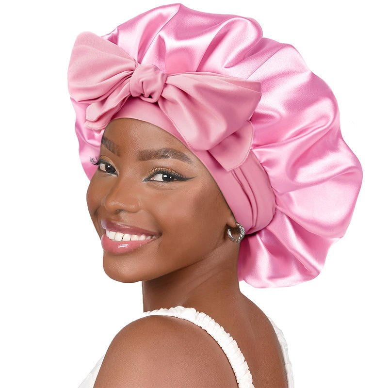 Satin Hair Bonnet with Bow Tie Wide Elastic Band Sleep Cap – image 6