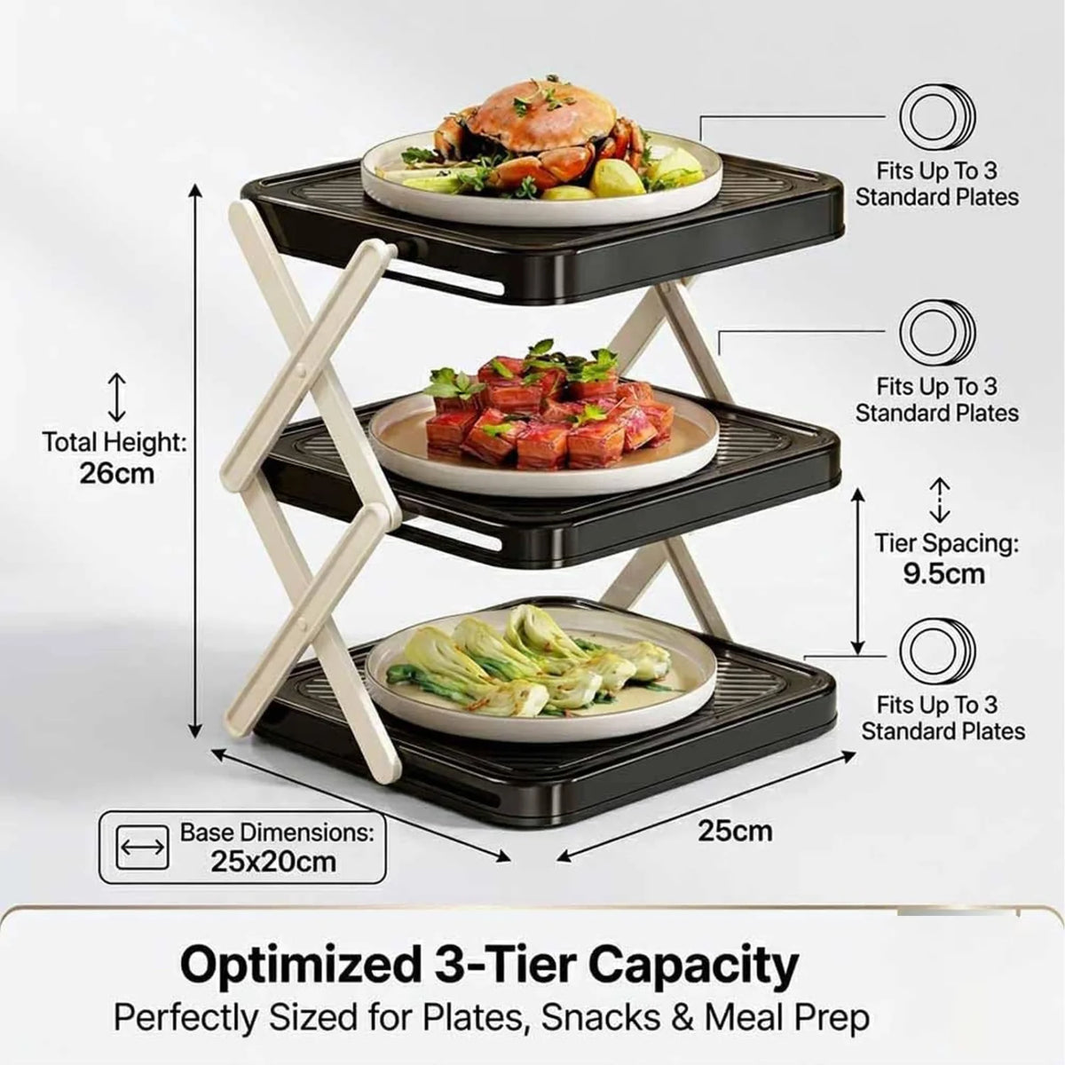 Plate Organizer Rack, 3-Tier Foldable Dish & Prep Tray Storage Stand – image 2