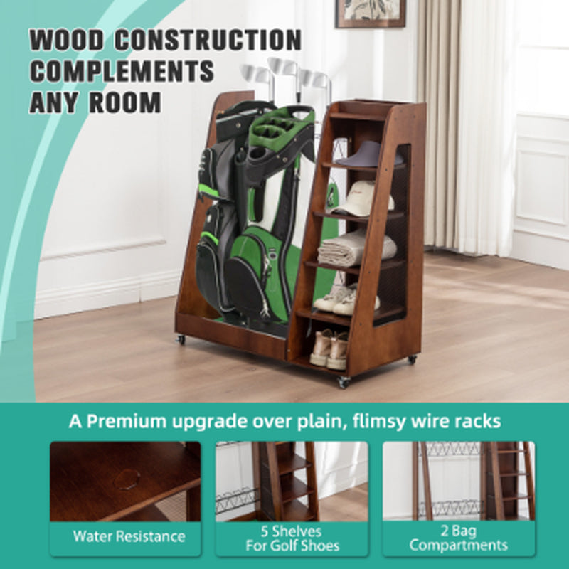Wooden Golf Bag Organizer for 2 Bags With Shoe Shelves – image 15